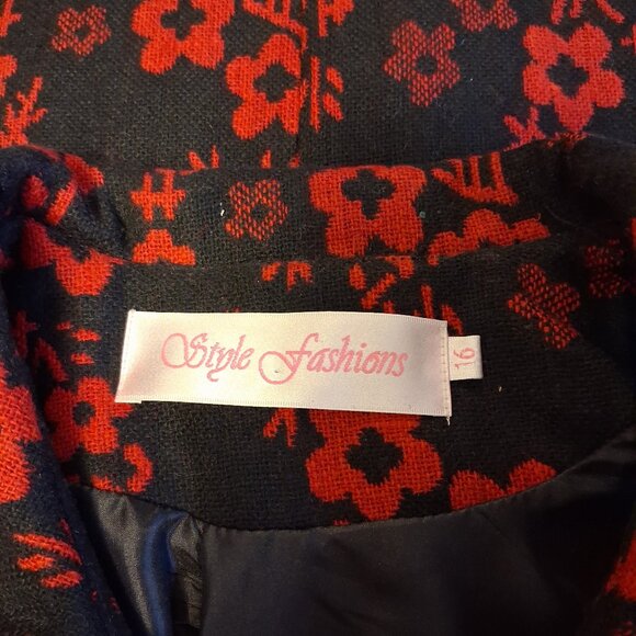 NEW Women’s Elegant Pea Coat Red Black Floral Lined Trench Coat ¾ Sleeve 16 XL - Picture 8 of 10